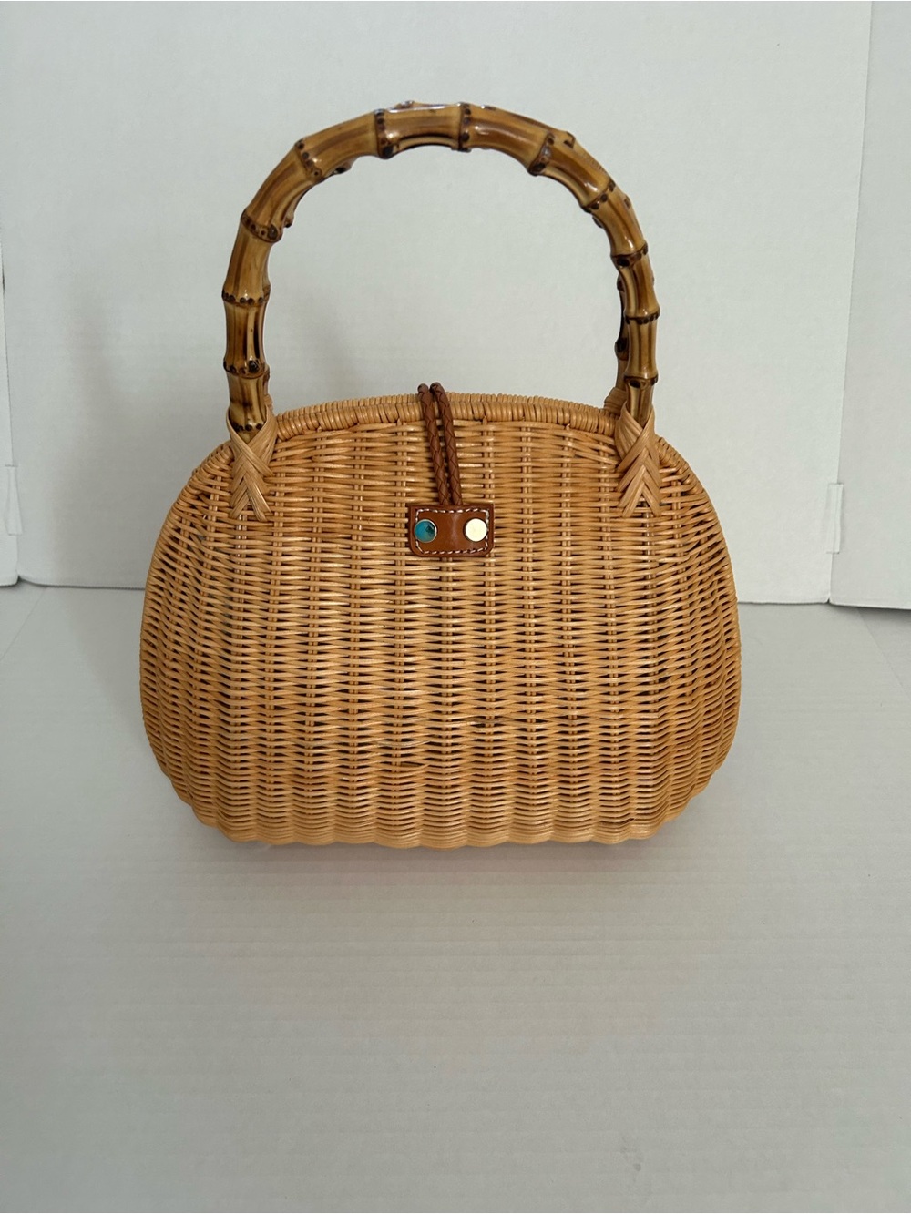 J McLaughlin Aria Wicker Satchel Handbag with Bamboo Handle - Picture 5 of 11